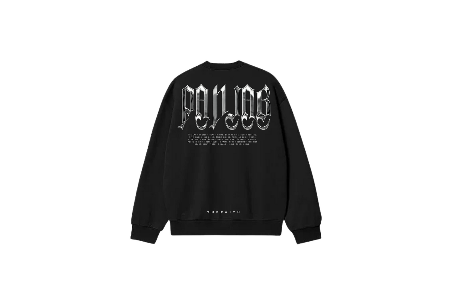 Black sweatshirt with white text on the back on a white background