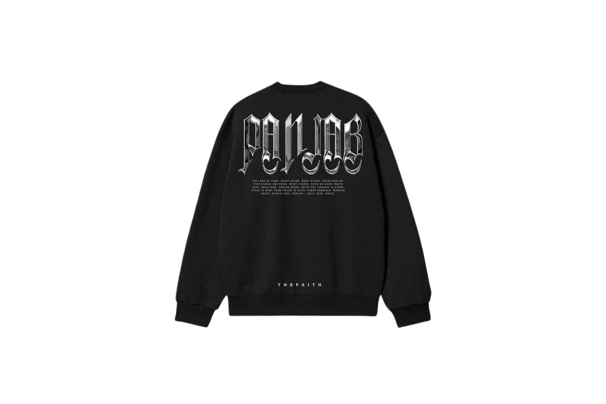 Black sweatshirt with white text on the back on a white background