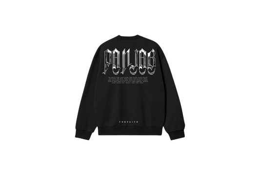 Black sweatshirt with white text on the back on a white background